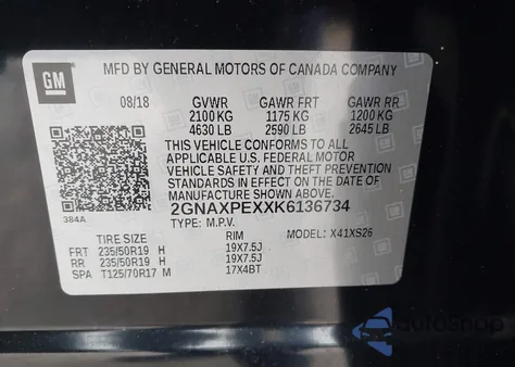 2019 Chevrolet Equinox Premier z USA, uszkodzony, nr VIN 2GNAXPEXXK6136734